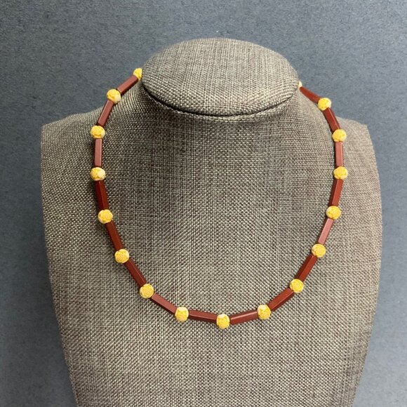 Vintage Rose Bead Necklace 15 In Brown Rectangular Ivory Carved Retro Bohemian - Picture 1 of 6